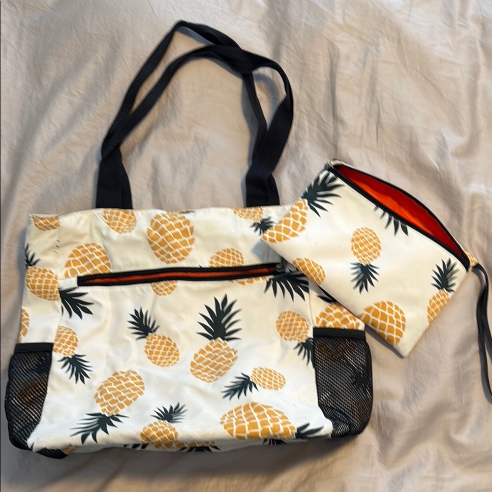 Packable Pineapple Print Tote Bag with Storage Pouch